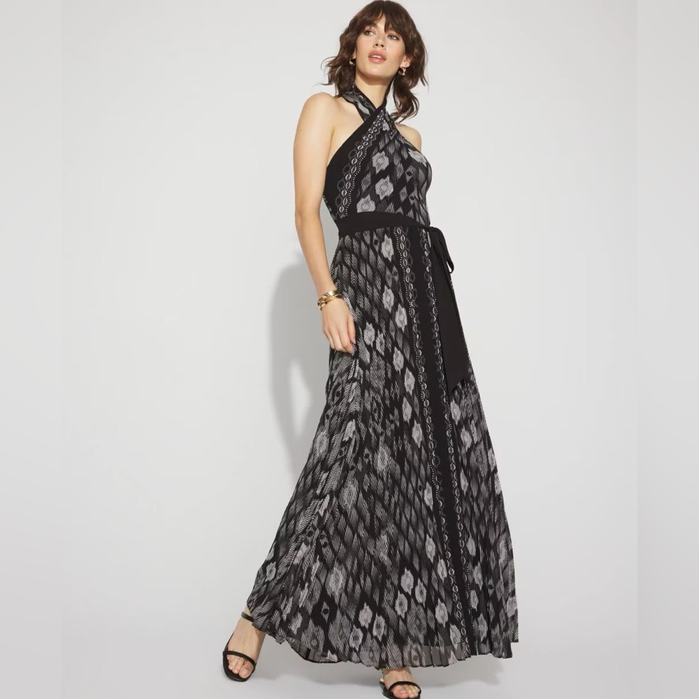 WHBM IKAT PRINT HALTER MAXI PLEATED DRESS